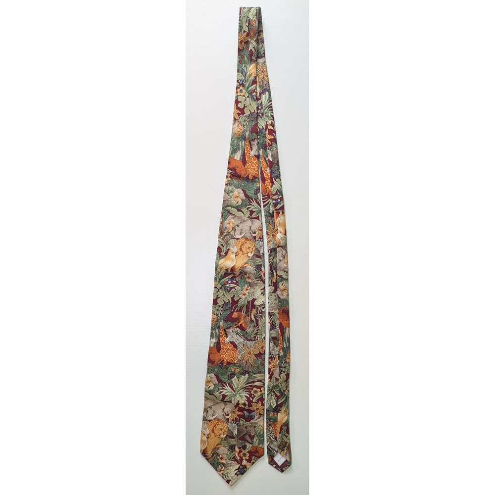 Vintage 417 Van Heusen Mens Tie Burgundy Jungle Safari Animal Print Silk